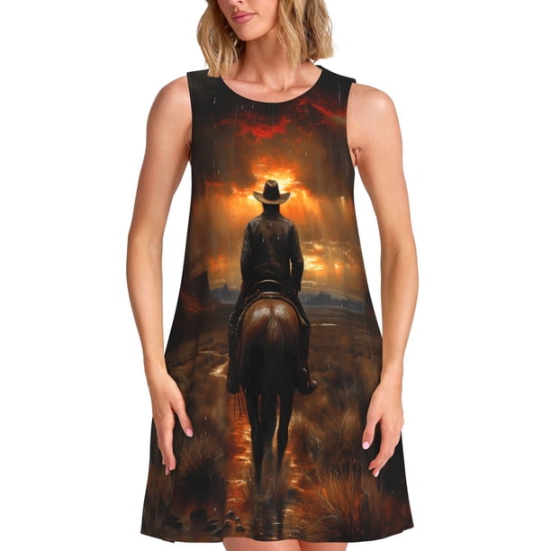 Easygdp Western Rainy Desert Cowboy para Vestido Transpirable de Mujer, Vestido Suelto de Manga Corta con Pliegues y Bolsillos para el Verano