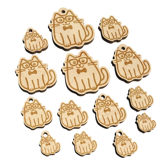 Cat Smart with Glasses and Bowtie Wood Mini Charms Shapes DIY Craft Jewelry - With Hole - Various Sizes (16pcs)