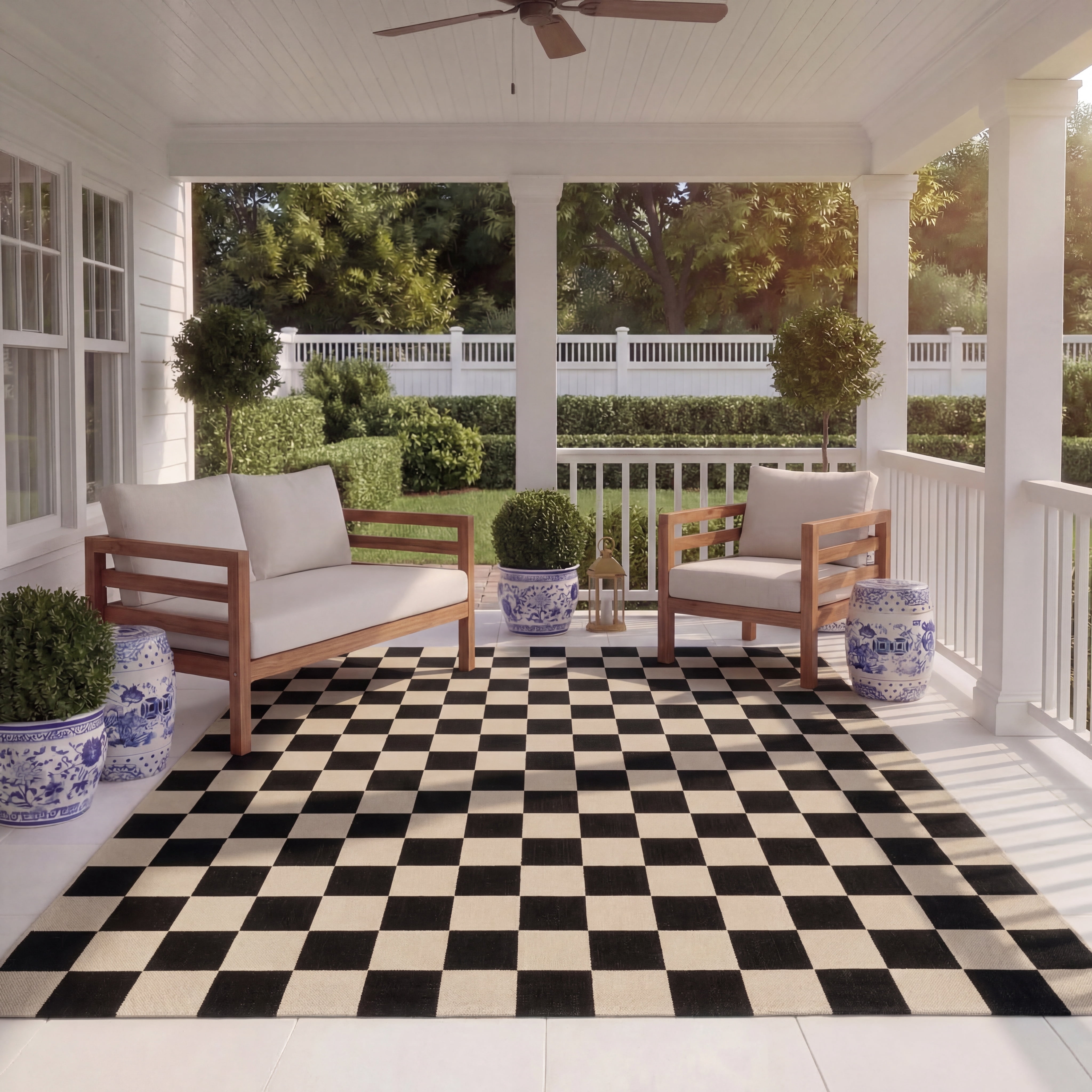 SAFAVIEH Courtyard Talbot Checkered Indoor/Outdoor Area Rug, Black/Beige, 2'7" x 5'