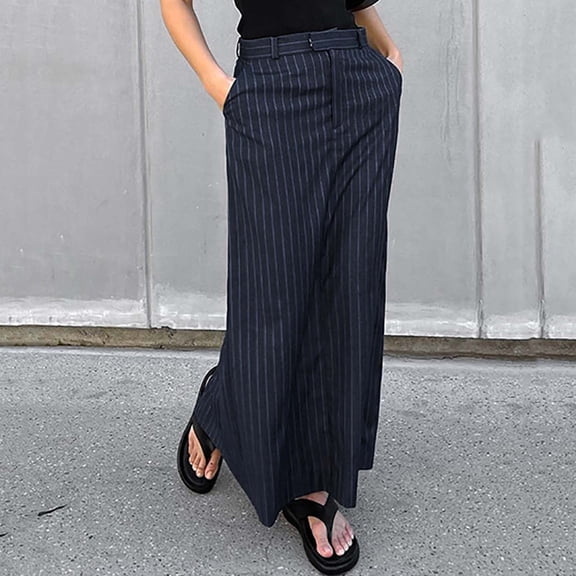Womens Skirts High Waisted Midi Straight Denim Pockets Buttons Zipper Casual Summer Striped Blue Skirt L