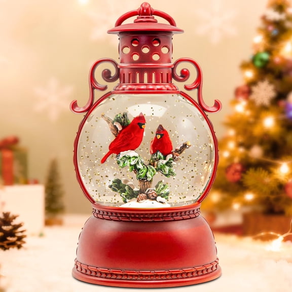 Cardinal Christmas Snow Globe Music Box - 8 Songs, 6H Timer, Swirling Glitter | USB/Battery Powered For Home Decor, Holiday Parties & Gifts