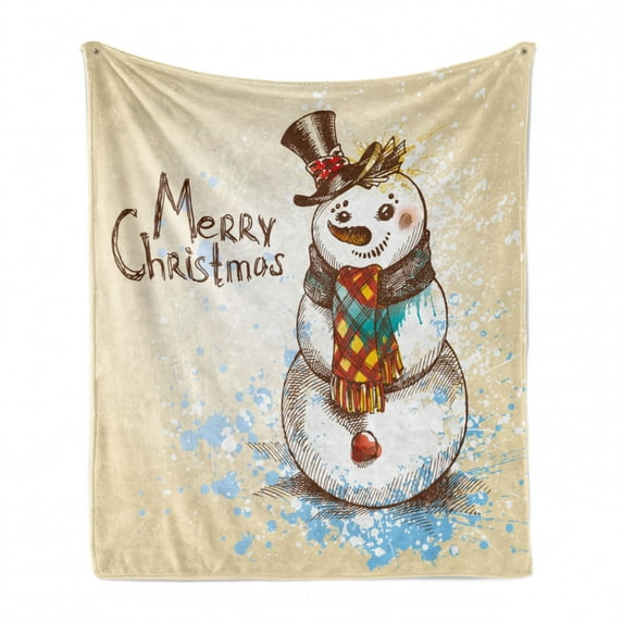 Snowman Soft Flannel Fleece Throw Blanket, Snowman with Winter Accessories Color Splashes Happy Xmas Sketchy, Cozy Plush for Indoor and Outdoor Use, 50" x 60", Cream Brown Blue, by Ambesonne