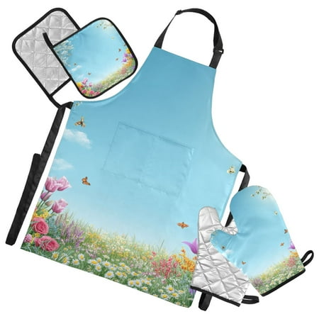 Beautiful Spring Scene Flowers Butterflies Apron Set with Oven Mitts Pot Holders Set of 5 Kitchen Stuff Accessories