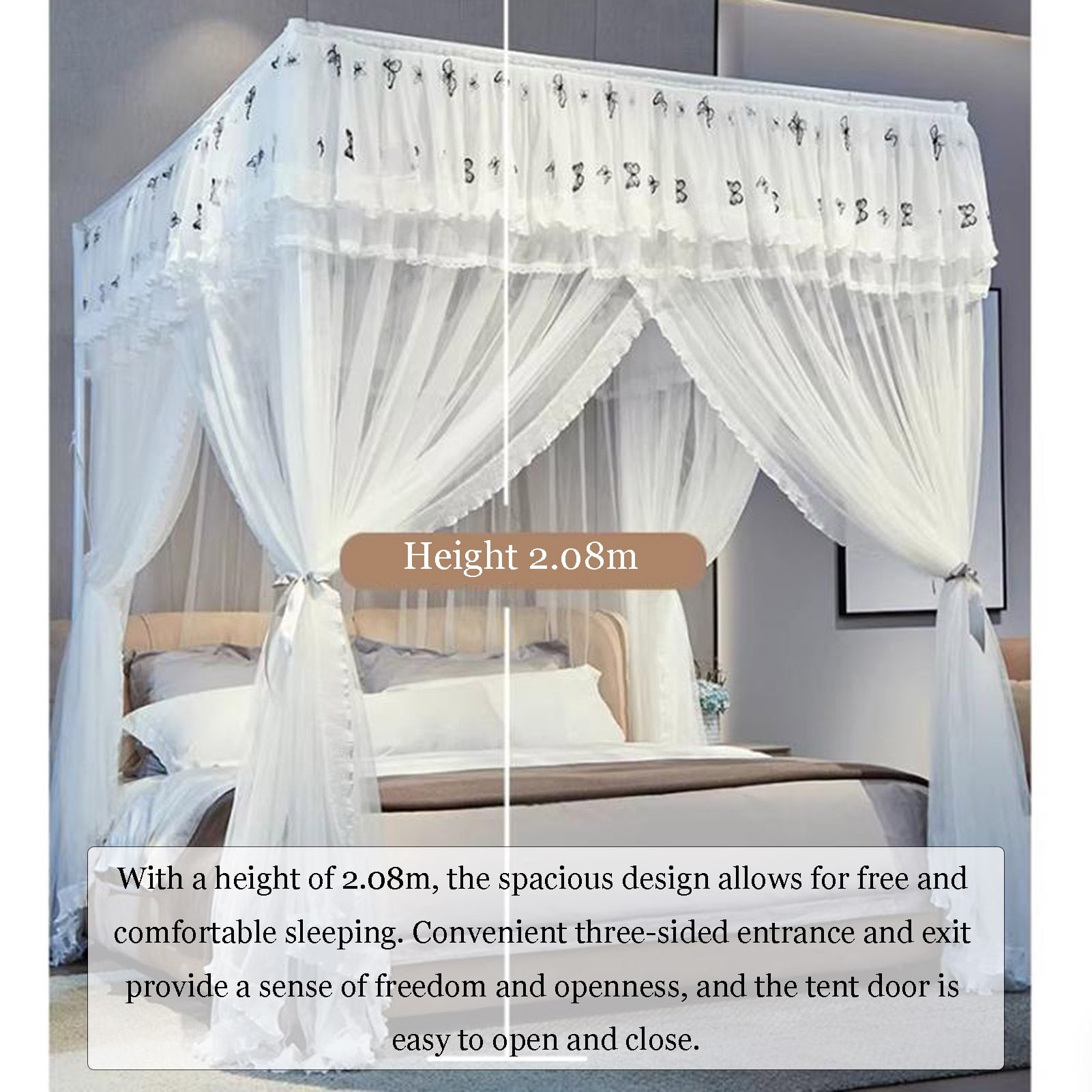 Canopy Bed Curtains, Three-Opening Floor-Length Canopy Bed Drapes, 4 Corner Post Hanging Curtains for Bedroom Decoration