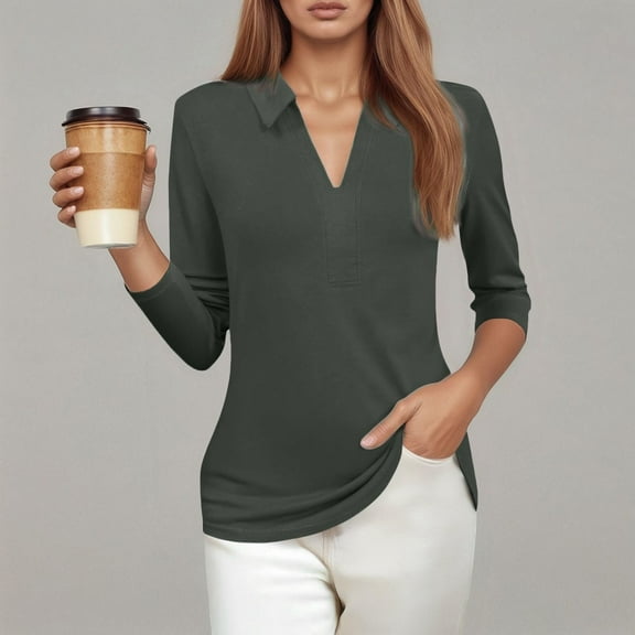 TYGHBN Casual Loose Solid Color V Neck 3/4 Sleeve Shirt for Women Women Summer Shirts Women S T Shirts Long Sleeve Shirt Women for Layering Womens Shirts Casual Casual Shirts for Women Summer Long
