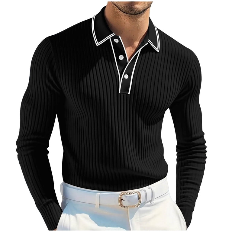Uqjfacai Mens Ribbed Knit Shirt Sweater Long Sleeve Slim Fit Button Shirts Fall Winter Lapel Collar Casual Dress Pullover Sweaters, Men's, Size: Large