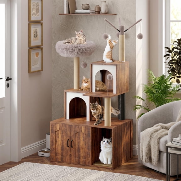 Cat Tree with Litter Box Enclosure – Modern Cat Tower, 2-in-1 Wooden Cat Condo with Scratching Posts, Storage, Cave, Pompoms, Washable Cushion – Greige/Gray