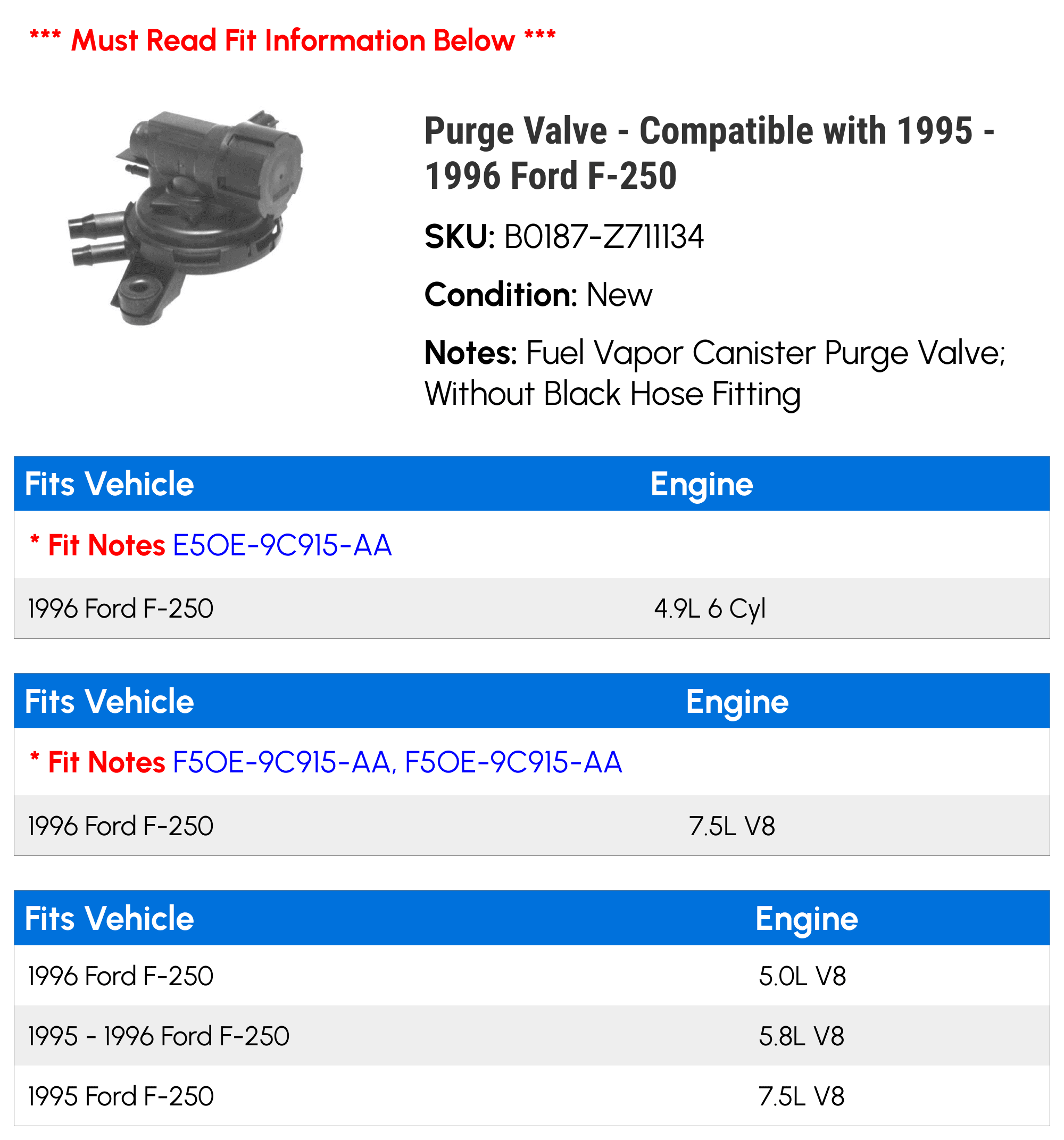 Purge Valve - Compatible with 1995 - 1996 Ford F-250