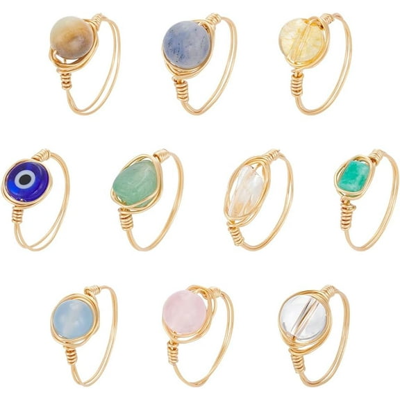 10pcs Copper Wire Wrapped Natural & Synthetic Gemstone Finger Rings Inner Diameter: 17mm