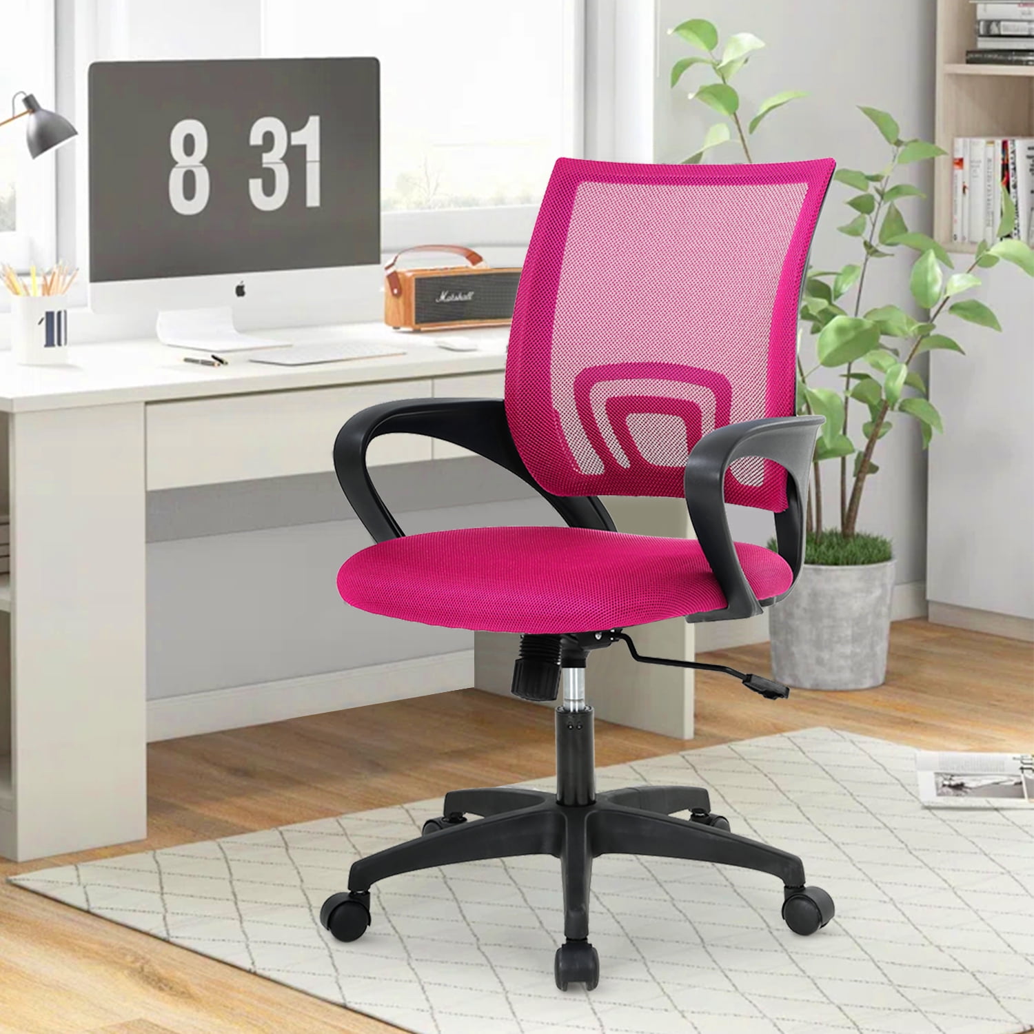 NiamVelo Mesh Office Chair, Mid-Back Home Office Chair Adjustable Ergonomic Desk Chair with Armrest, Rolling Swivel Chair for Adults, Pink