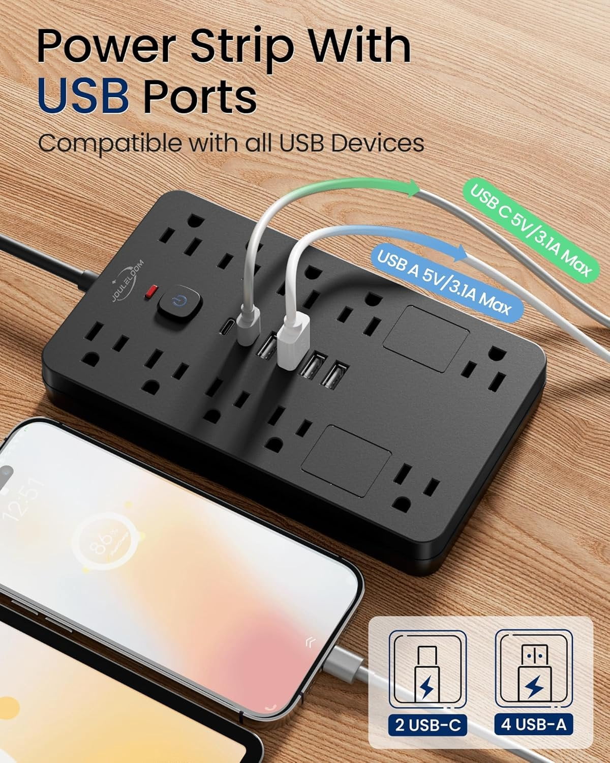Surge Protector Power Strip,10 Outlets(1850W/15A/14AWG) with 6 USB Ports (2 USB C), 6  Extension Cord wall Mount Power Strip, ETL Listed for , Dorm Room