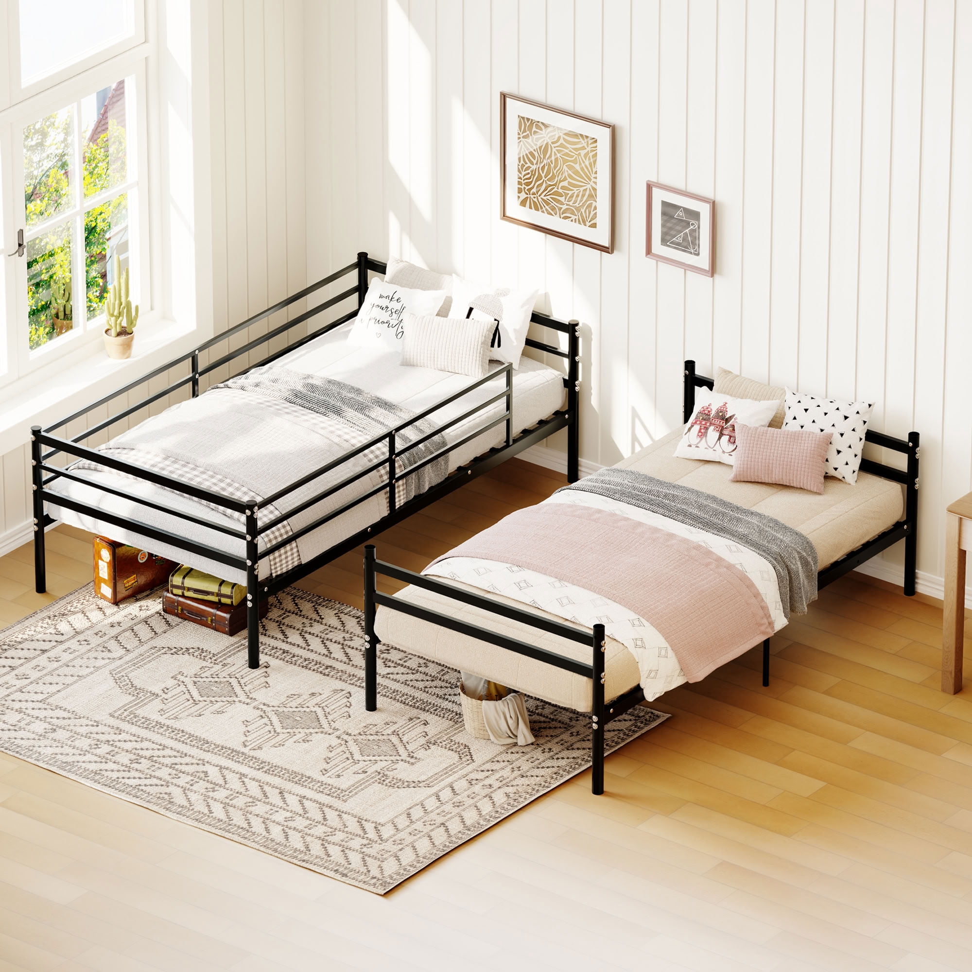 MAYEERTY Twin Over Twin Metal Bunk Bed, Heavy Duty Frame with Wooden Step Ladder and High Guardrail, Convertible Space-Saving Bed for Kids