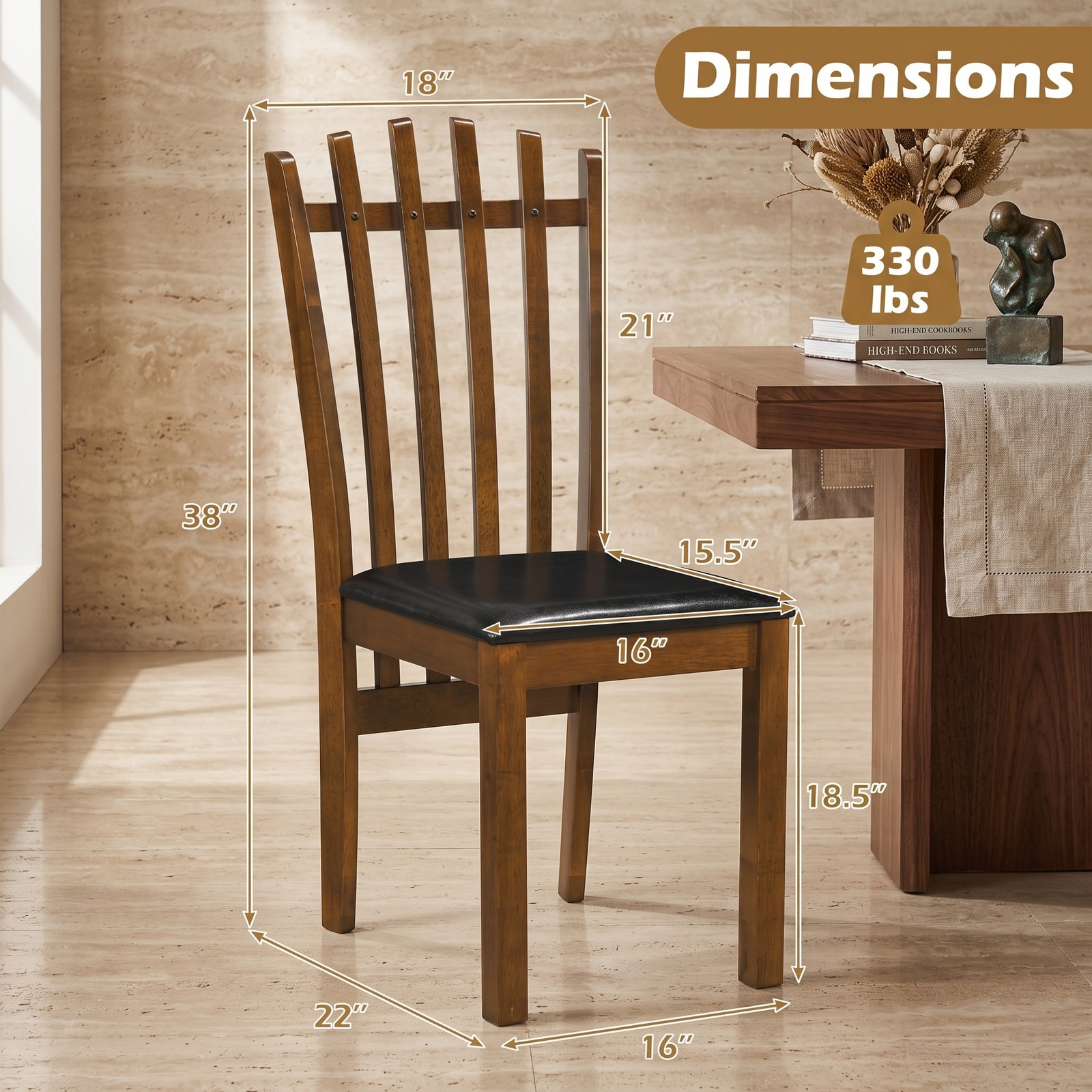 Furnibear Wooden Dining Chair Set of 2 Spindle Back Kitchen Chairs with PU Leather Padded Seat, Solid Rubber Wood Armless Side Chairs for Dining Room, Walnut & Black