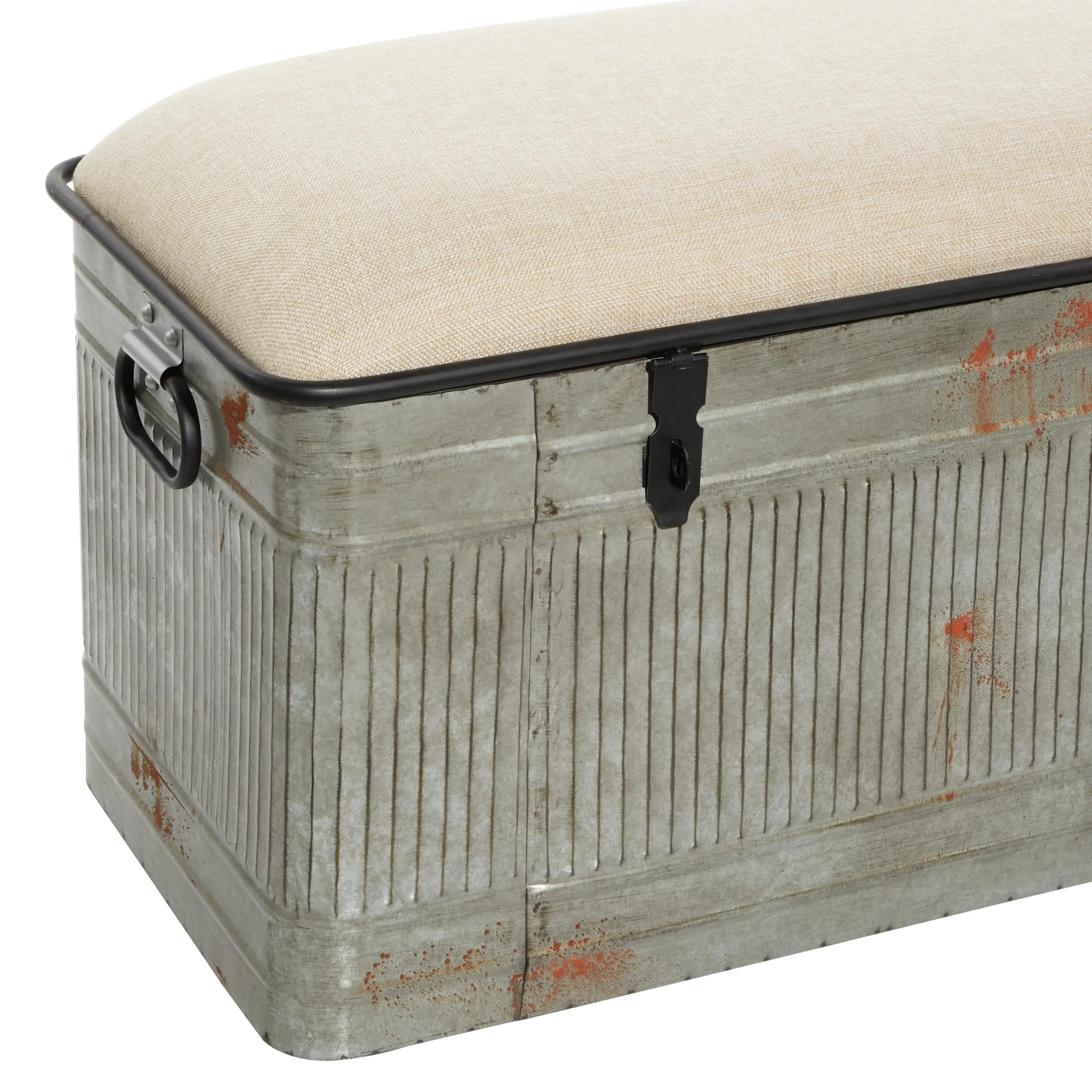 DecMode Metal Galvanized Storage Bench with Cream Burlap Top and Black Latches, Gray