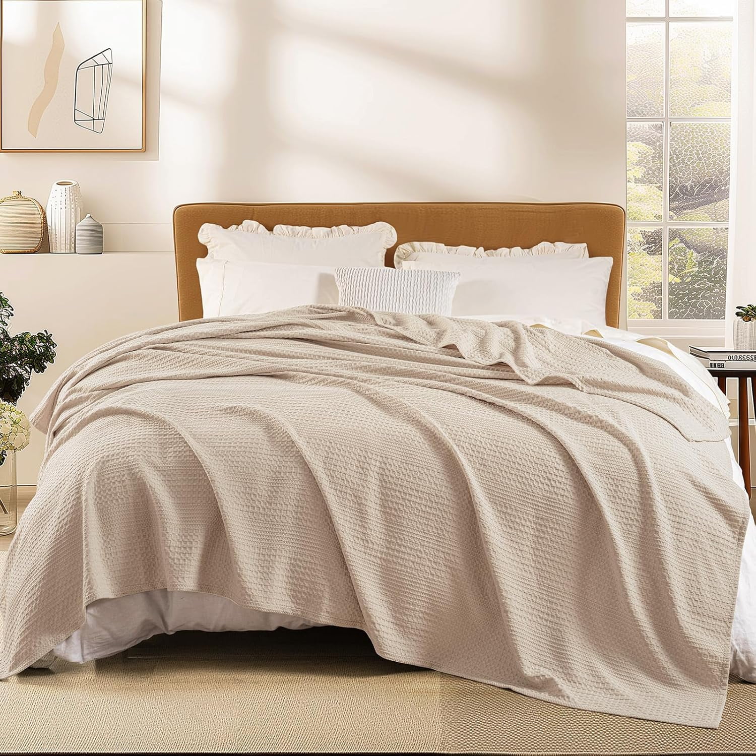PHF Ultra Soft Waffle Weave Blanket King Size for Bed, Lightweight and Breathable Blanket, Perfect for Hot Sleepers, 104"x 90", Light Tan