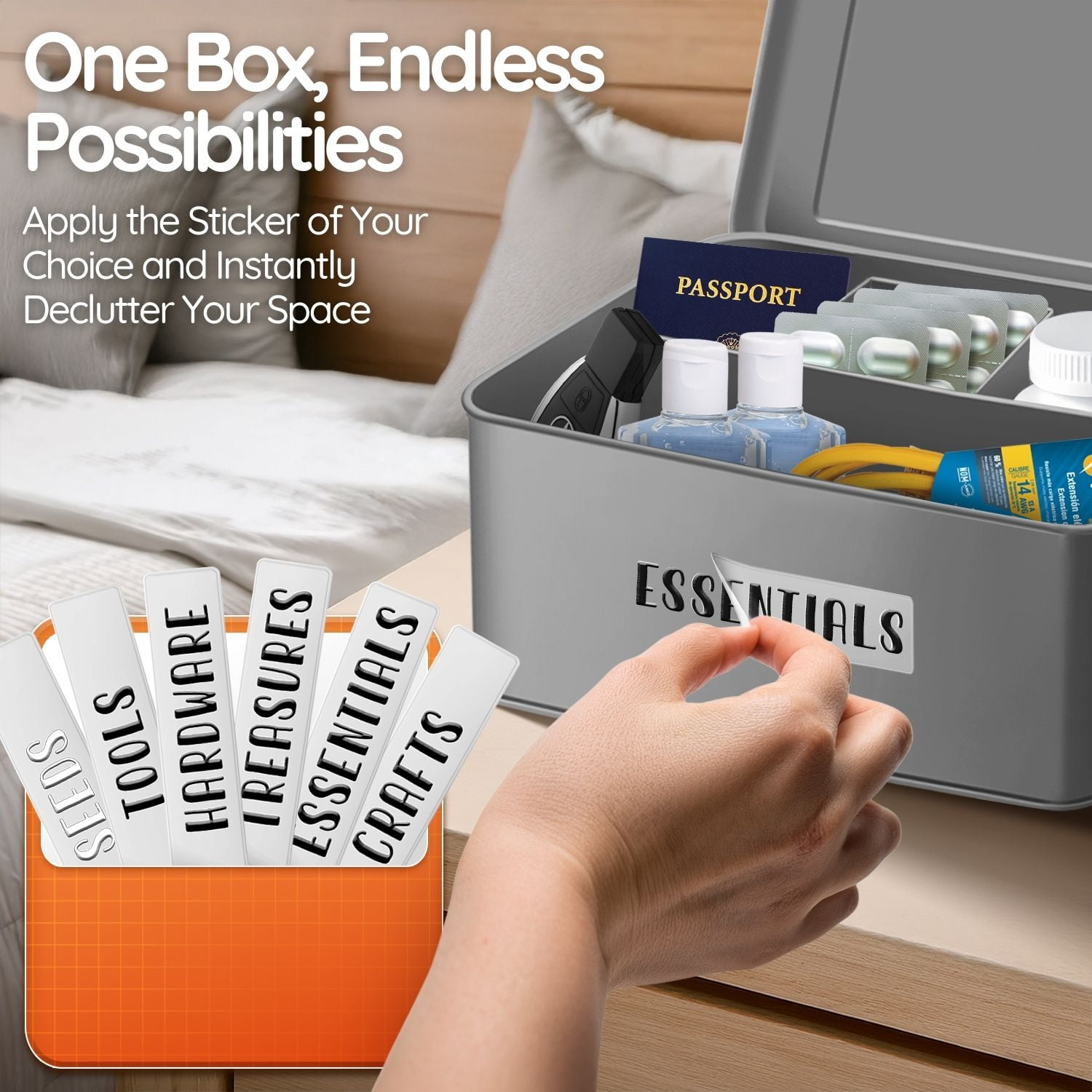 Flexzion Tin Storage Box with Removable Tray, Seed Organizer Box and Metal Seed Holder Organizer with Hinged Lid, Versatile Toolbox Container for Crafts, Hardware, Tools and Essentials, Gray