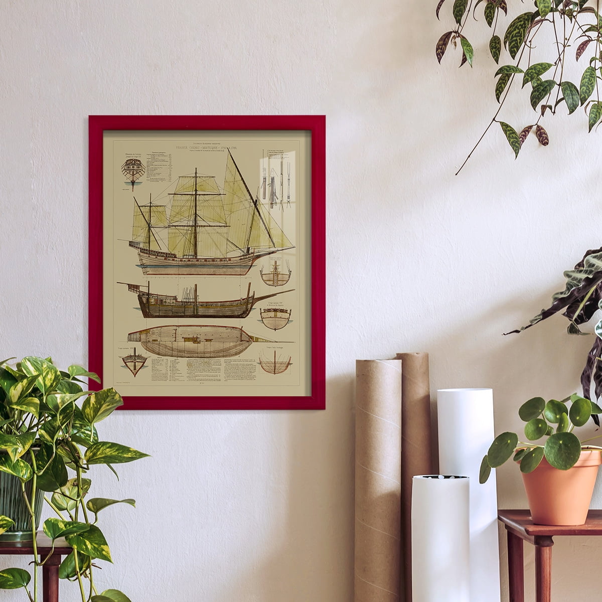 Antique Ship Plan II -Framed Print w/glass-Cherry Red