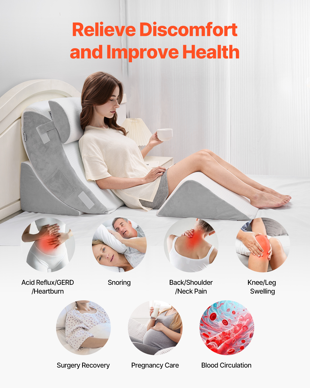 VEVOR Wedge Pillow for Sleeping, 4 Pcs Adjustable Orthopedic Bed Wedge Set, Support Leg Neck Shoulder, Post Surgery Pillow for Back Pain, Acid Reflux, Snoring Relief, Sitting up in Bed, White/Grey