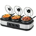 thumbnail image 1 of Calentador de alimentos triple de cocción lenta con 3 modos de temperatura ajustables, olla de cocción lenta con olla de cerámica de 1,5 cuartos, tapa de vidrio extraíble y 3 cucharas de PVC, apto par, 1 of 5