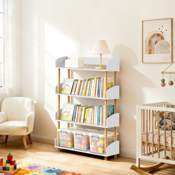 OUTONLIFE 4-Tier Wooden Open Bookcase - Modern Display Bookshelf with Top Edge and Solid Wood Frame for Home and Office, Storage Cabinet,  White