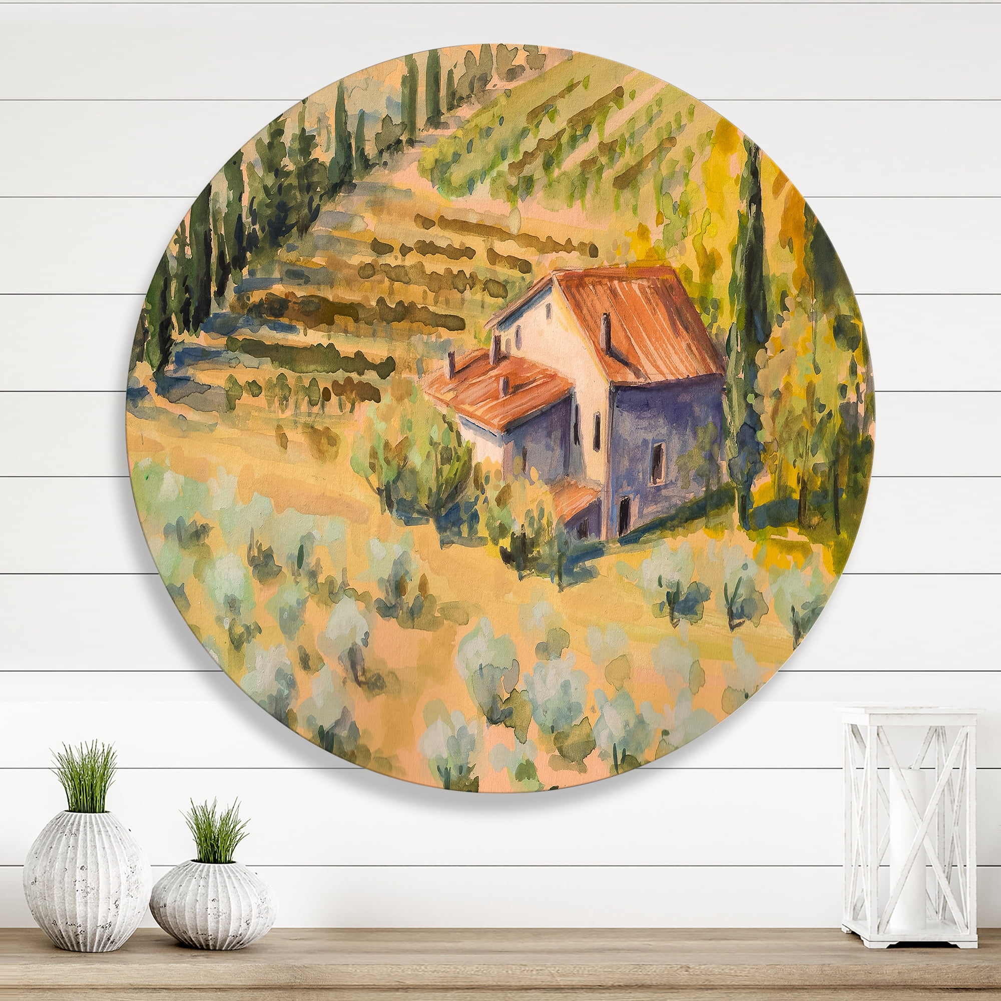 Designart 'Little Farmhouse In Countryside' Country Circle Metal Wall Art 23x23 - Disc of 23