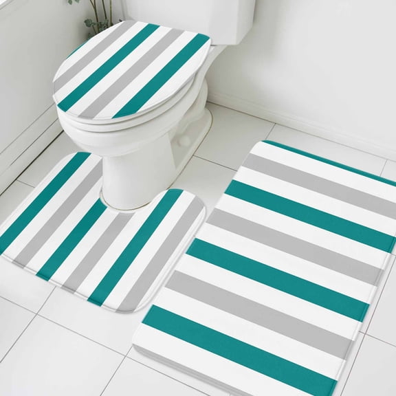 Teal Green Grey Stripe Bathroom Rugs Set Classic Modern Non Slip Absorbent Soft Bath Mats 3 Piece Set with Bathroom Rug, U-Shaped Floor Mat, Toilet Seat Cover Large Size