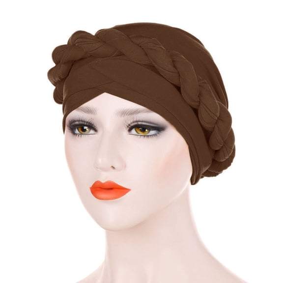 Baberdicy Hijab Cap, Fashion Braid Turban Wrap Cap for Muslim Women, Soft Stretchy Cancer Headwear, Full Cover Hijab Beanie for Indoor And Daily Use, Solid Color Convenient Design Coffee