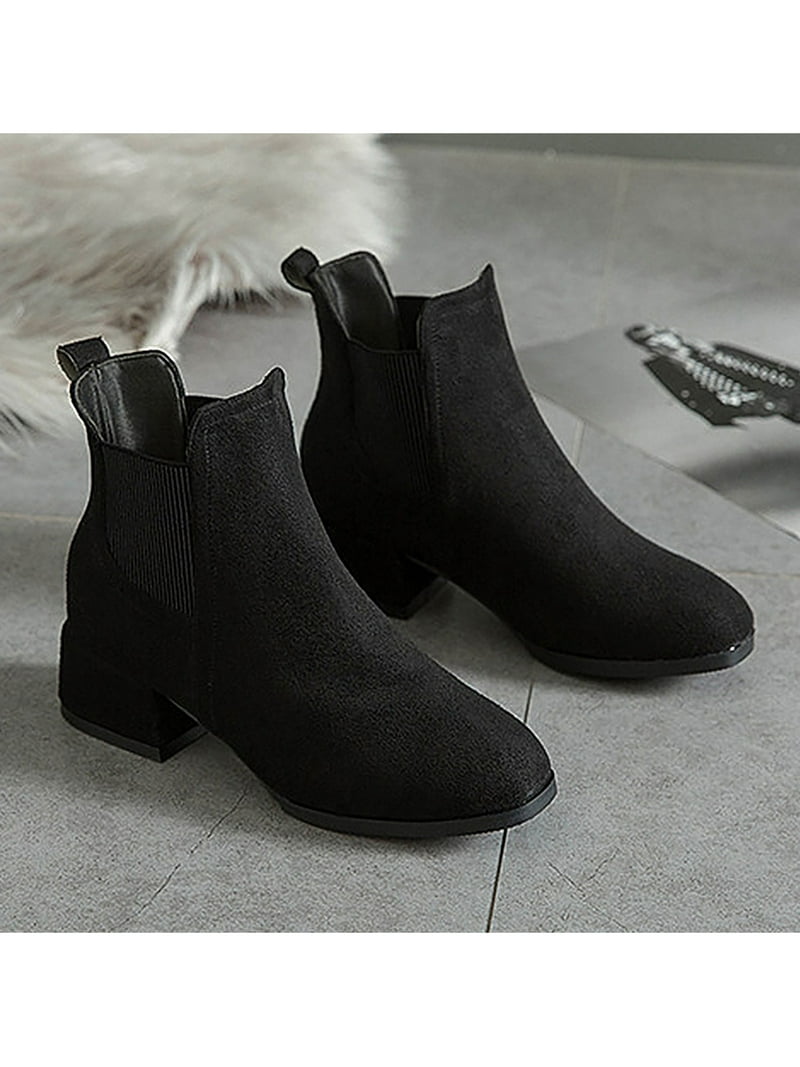Women's Chunky Low Heel Chelsea Boots - Elastic Slip-On Ankle Booties In Black/Brown For Fall & Winter