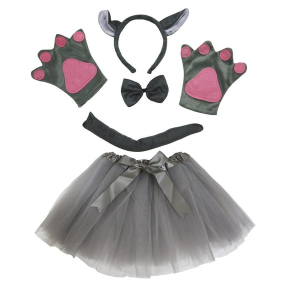 Petitebelle Wolf Headband Bowtie Tail Gloves Tutu 5pc Costume (Gray, 5-10 Years)
