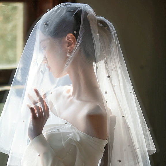 Dalrosia Wedding Bridal Veil with Comb 1 Tier Cut Edge Fingertip&Cathedral Length Pearl