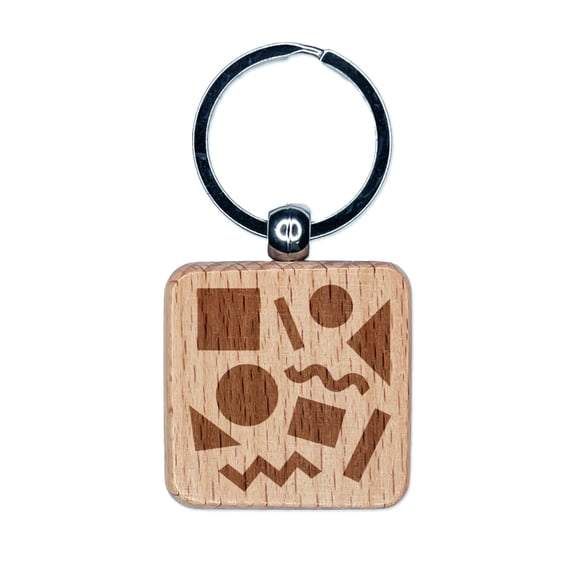 80s 90s Shapes Circle Square Squiggle Geometric Pattern Square Keychain Charm Tag - Engraved Wood