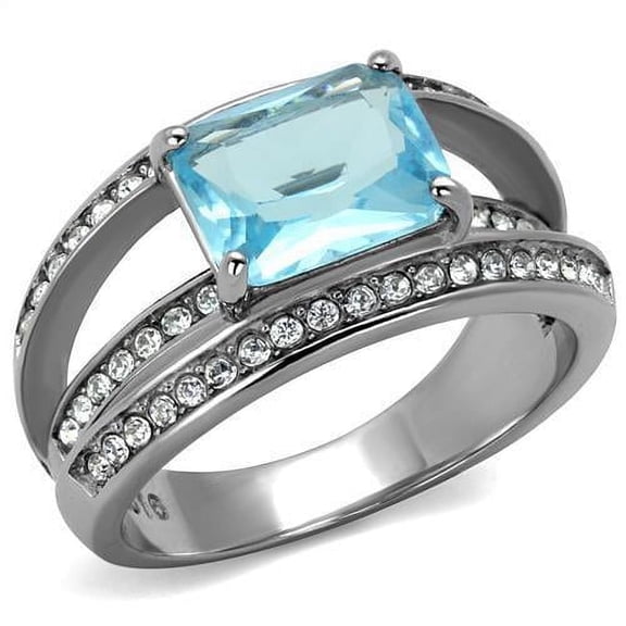Womans Silver Aquamarine Ring Anillo Para Mujer 316L Stainless Steel Ring with Glass in Sea Blue Insernia