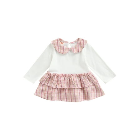 

Blotona Baby Girl One Piece Dress Long Sleeve Collared Tops Plaid Multi Layer