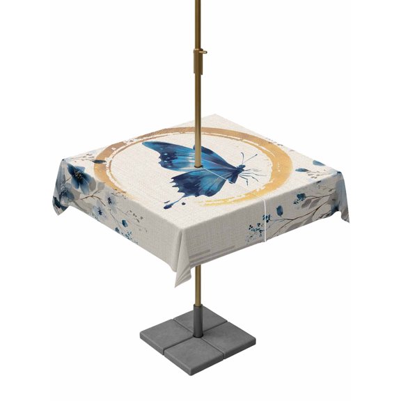 Outdoor Tablecloth with Umbrella Hole for Patio/Picnic/Party/Camping, Blue Butterflies Flowers Waterproof Table Cloth Square Cover Washable, Spring Watercolor Botanical Beige (54"x 54")