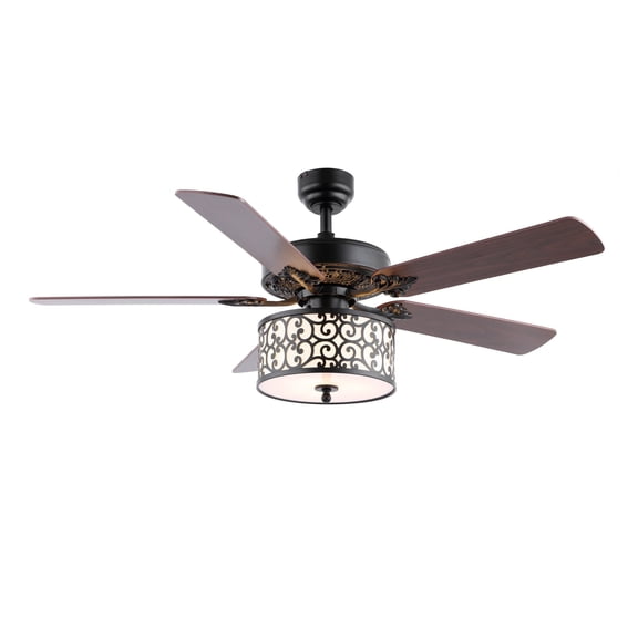 JONATHAN Y Paolo 52" 3-Light Farmhouse Industrial Iron Scroll Drum Shade LED Ceiling Fan With Remote, Black/White