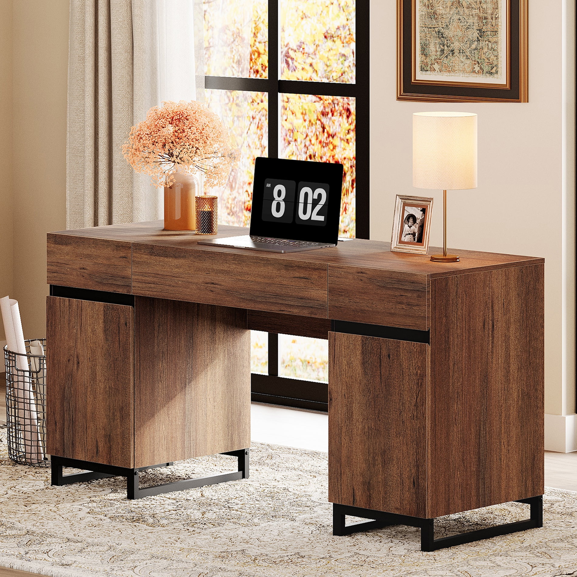 WAMPAT 59 Inch Home Office Desk, Modern Wood Study Computer Desk with Charging Station, File Drawer, 3 Drawers & 2 Cabinets, Brown