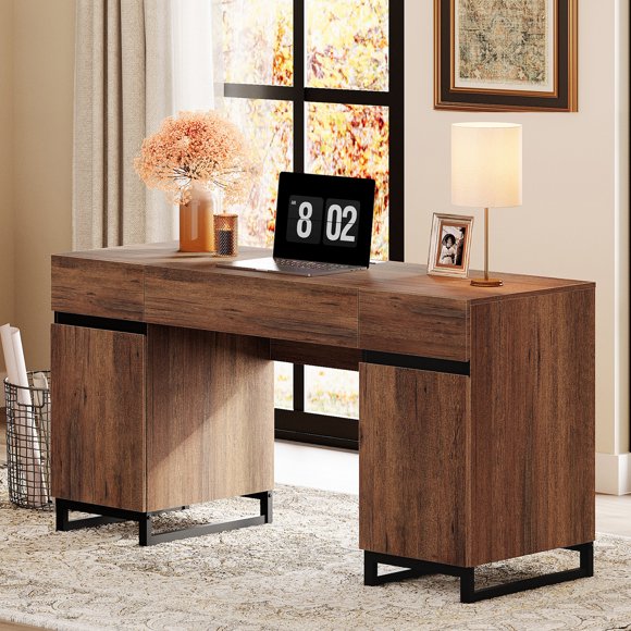 WAMPAT 59 inch Executive Desk, Modern Home Office Computer Desk with Drawers and Charging Station, Wooden Writing Workstation with File Cabinet Storage, Study Table for Work and Study, Brown