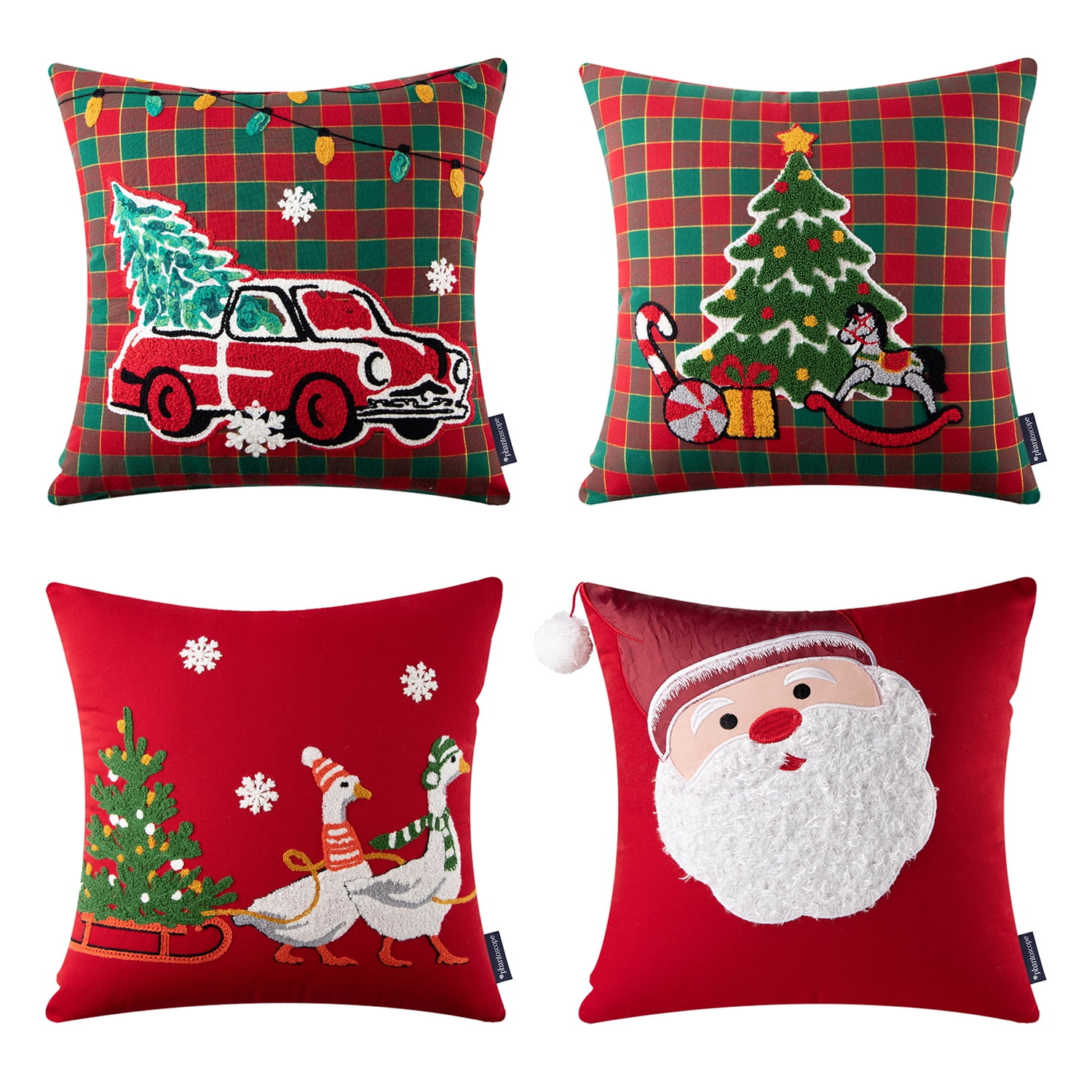 Stock Show Merry Christmas Throw Pillow Covers Set of 4 Merry Christmas Elk & Santa Claus Snowflakes Pattern Decorative Cotton Linen Red Plaid Pillowcase Cushion Cover for Sofa Bedroom Car 18 x 18