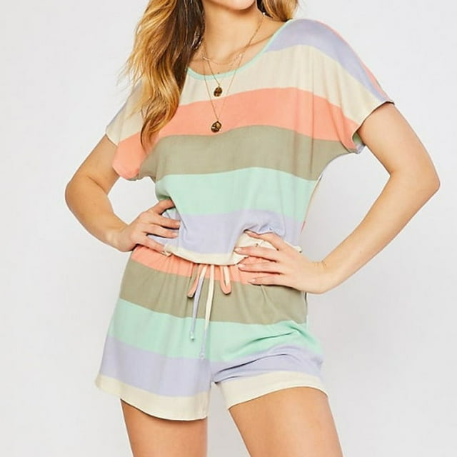 Kelon Ensembles de Pyjama pour Femmes Liquidation Soldes Pyjamas Mixtes pour Femmes Femmes Filles Mode Imprimé à Rayures Manches Courtes Shorts Pyjama Décontracté Ensemble