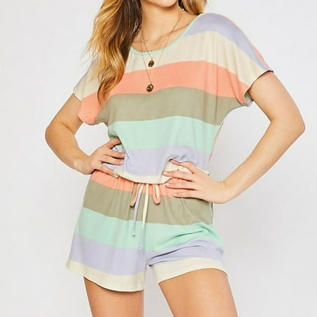 

STEADY Women Girls Fashion Stripe Print Short Sleeve Shorts Causal Pajamas Suit