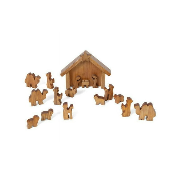 Amish-Made Wooden Nativity Manger Scene Set, 14 Pieces Harvest Stain Finish