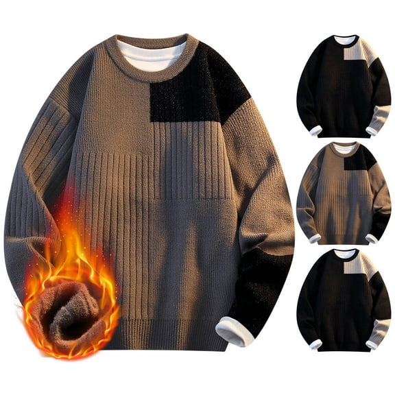 Xcmzpl Mens Sweaters Fleece Lined Chunky Sweaters Oversized Crewneck Long Sleeve Knit Pullover Color Block Sweaters for Men