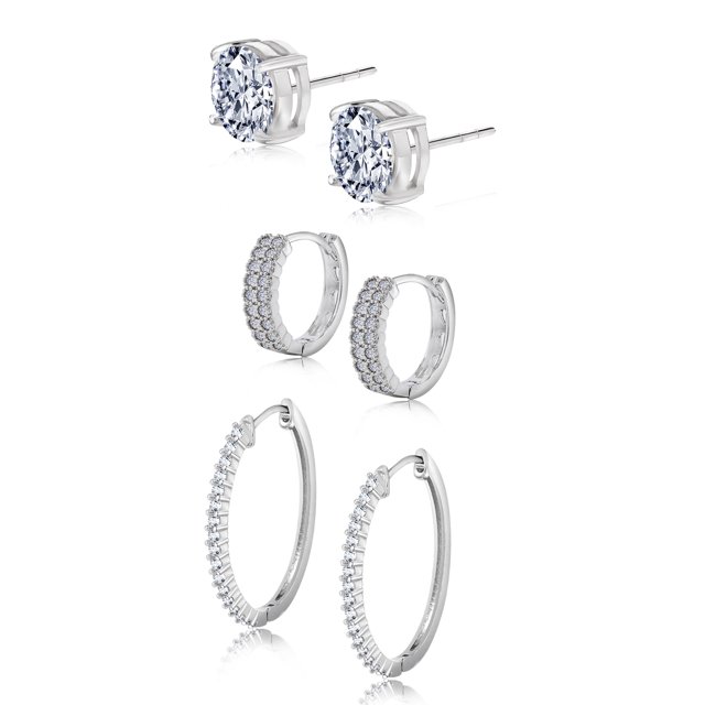 JeenMata Paquete Múltiple de 3 Pares de Aretes Juego de Aretes Tipo Botón, Tipo Aro y Tipo Huggie Brillantes Chapados en Oro Blanco; Packs de Aretes Variados para Mujeres; Joyas para Uso Diario