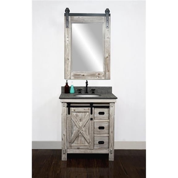 WK8530-W-MG TOP 30 in. Rustic Solid Fir Barn Door Style Single Sink Vanity in White Wash with Rustic Style Polished Textured Surface Granite Top in Matte Grey - No Faucet - 31 x 34.6 x 22 in.