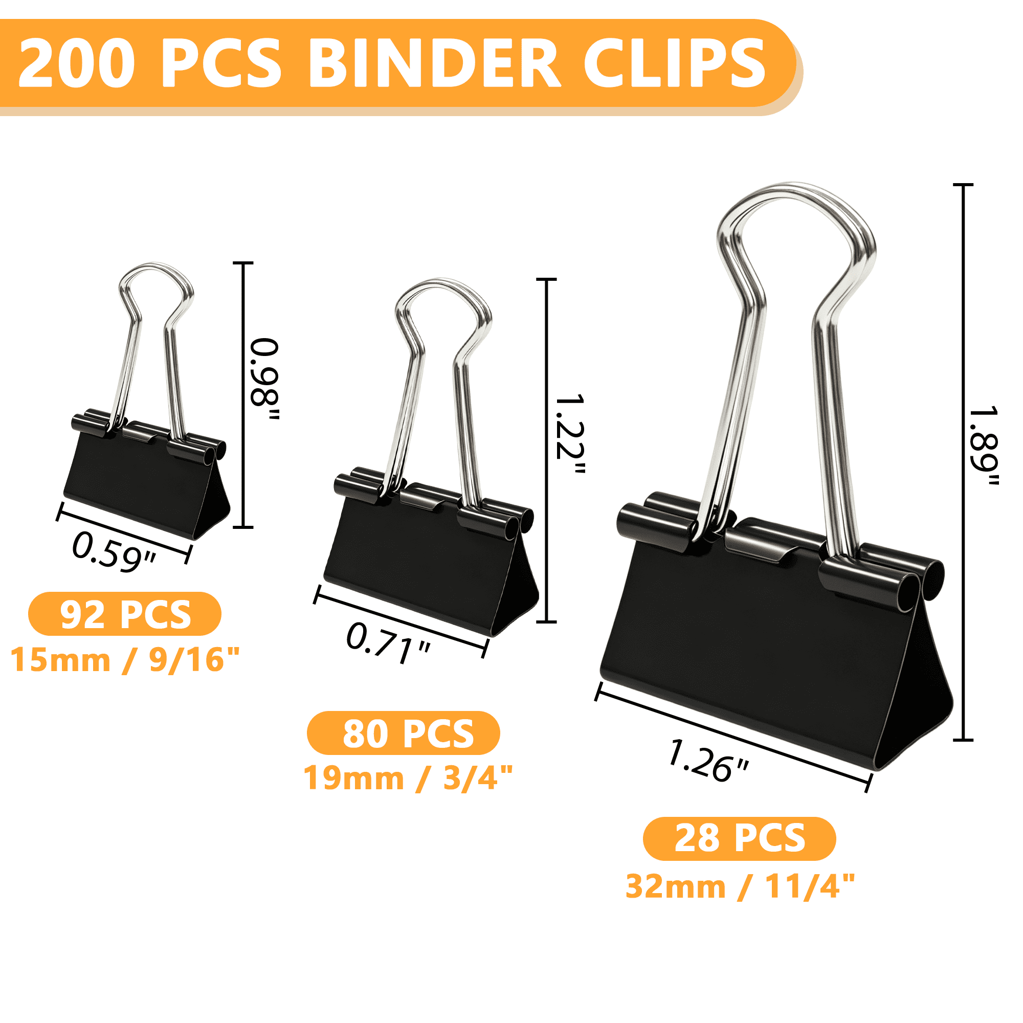 GARITIN Binder Clips 200 Count Assorted Sizes, Black Metal Mini, Small & Medium-Large Paper Clamps, 9/16 in, 3/4 in, 1-1/4 in for Office & School Document Organizing