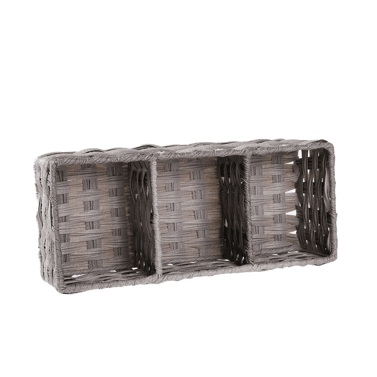 Gray bathroom storage basket. Wicker organizer with dividers