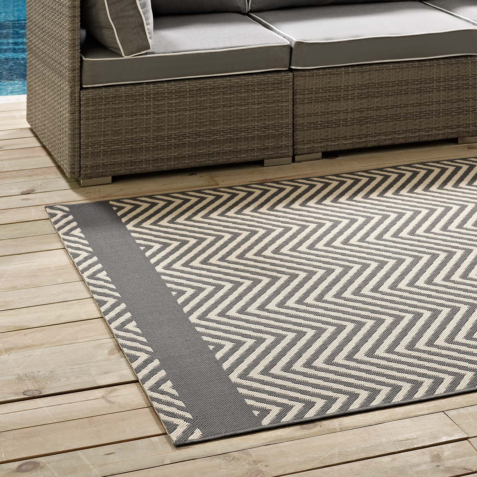 Modway Optica Chevron With End Borders 8x10 Indoor and Outdoor Area Rug in Gray and Beige