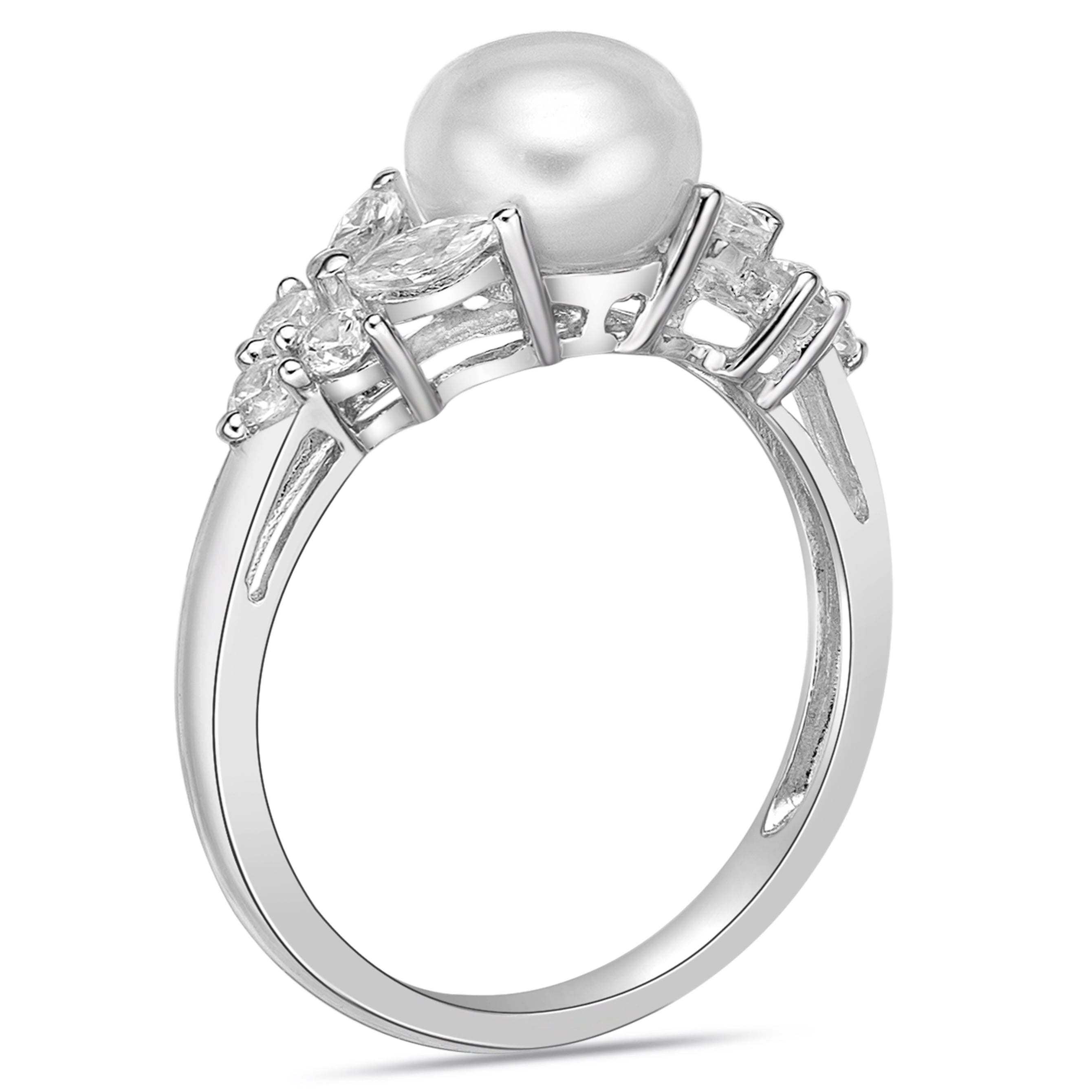 Brilliance Fine Jewelry 925 Sterling Silver Fancy Freshwater Pearl with white Cubic Zirconia accent Ring