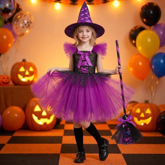 Gunia Girls Halloween Witch Costume Dress Up Set Tutu Skirt Cosplay Costumes Role Play Dress Outfits Stage Performance Holiday Party Wear