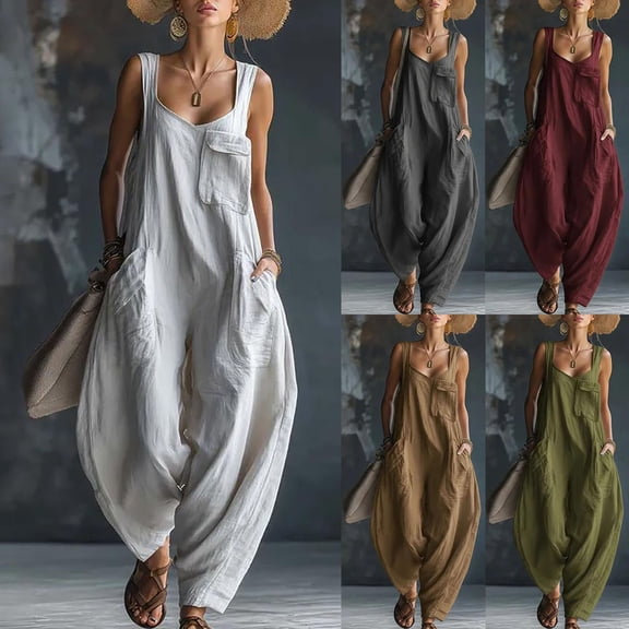 Women's Sleeveless Jumpsuit, Loose Fit Cotton Linen Overalls with Pockets, Casual Summer Streetwear Jumpsuit, One Piece Romper for Everyday Outfits-Blackish Green